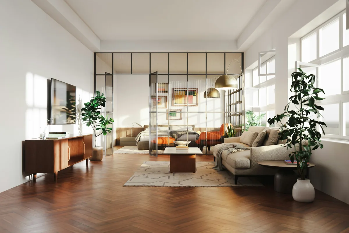 Phòng khách căn 2 phòng ngủ với sofa dài, kệ sách và cửa sổ lớn đón nắng