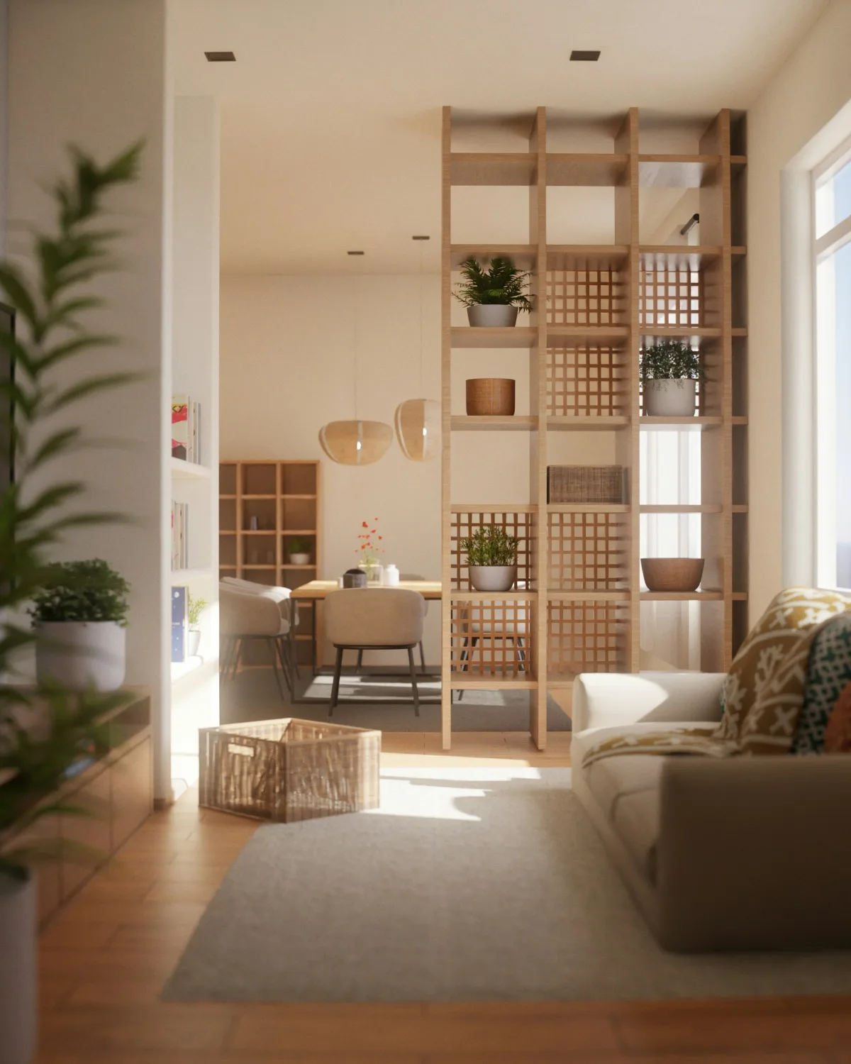 Phòng khách liền bếp ngập ánh sáng cửa sổ, sofa vải sáng màu, quầy bếp gỗ và chậu cây xanh