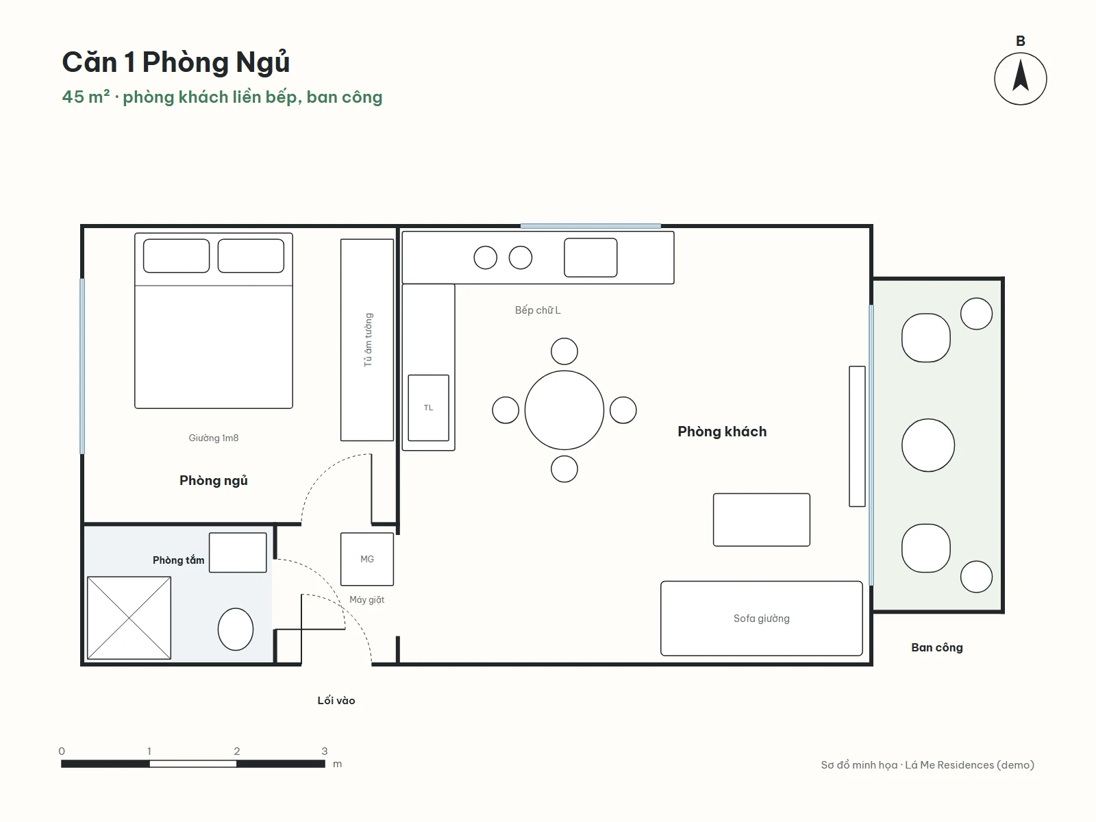 Sơ đồ mặt bằng căn 1 phòng ngủ 45 m²: phòng khách liền bếp chữ L ra ban công, phòng ngủ riêng, phòng tắm và góc máy giặt