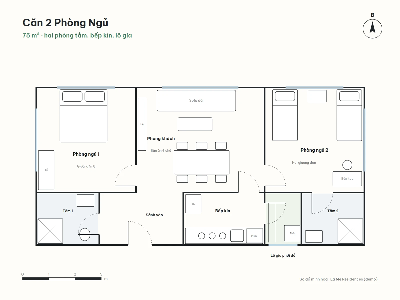 Sơ đồ mặt bằng căn 2 phòng ngủ 75 m²: hai phòng ngủ hai đầu, bàn ăn 6 chỗ ở giữa, bếp kín, hai phòng tắm, lô gia