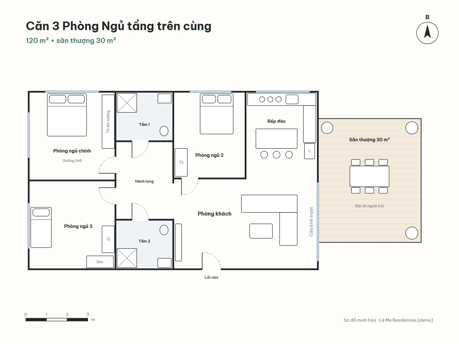 Sơ đồ mặt bằng căn 3 phòng ngủ 120 m²: ba phòng ngủ, phòng khách mở ra sân thượng 30 m², bếp đảo, hai phòng tắm