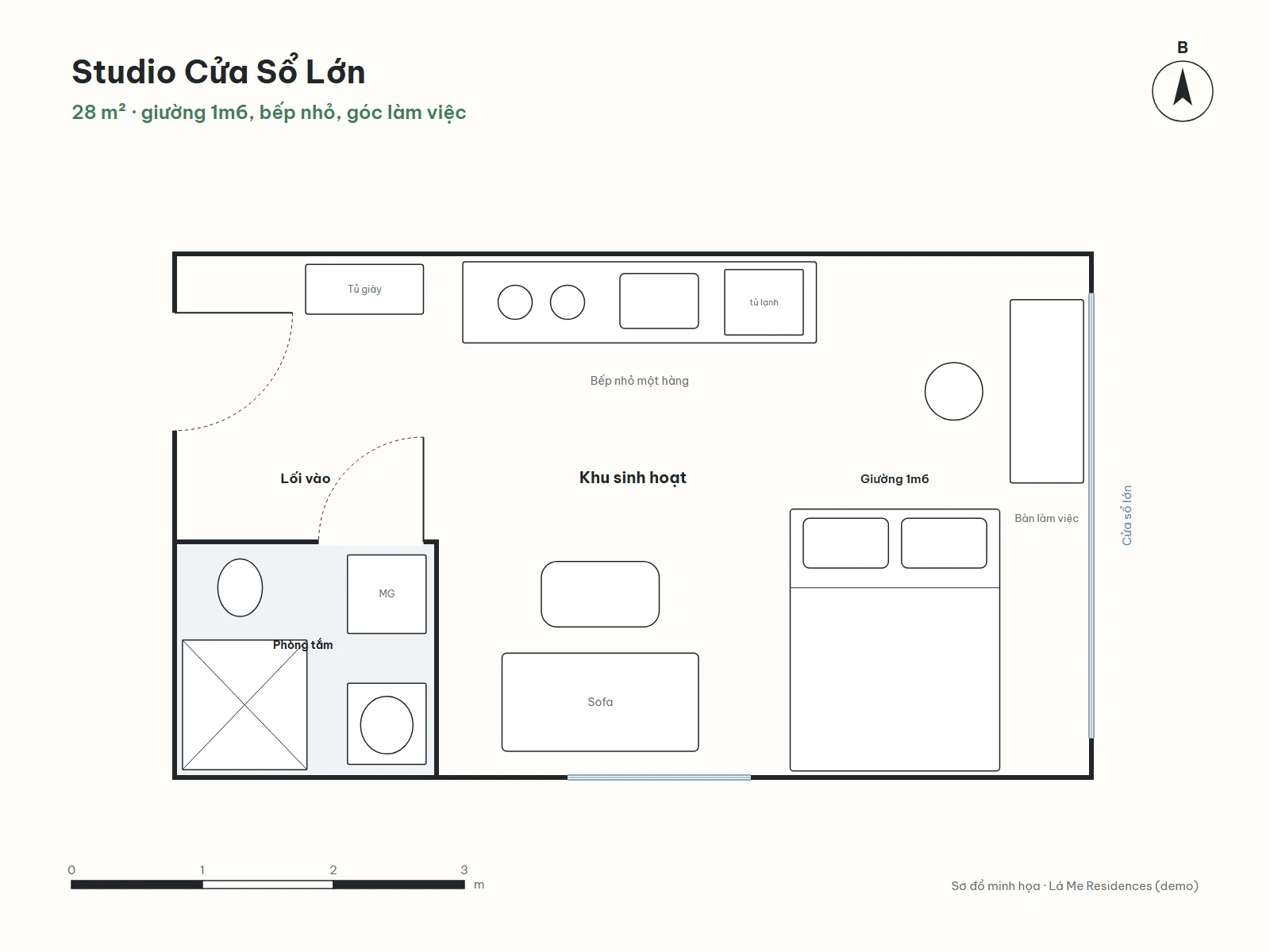 Sơ đồ mặt bằng studio 28 m²: bếp nhỏ một hàng, phòng tắm bên trái, giường và bàn làm việc cạnh cửa sổ lớn