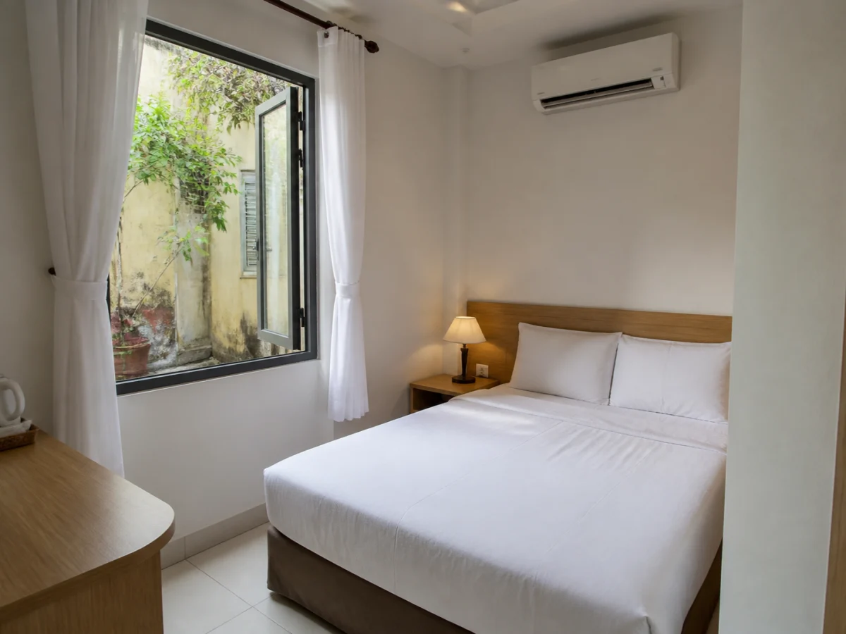 Giường đôi ga trắng cạnh cửa sổ lớn có rèm voan, nhìn ra bức tường cũ và cây xanh trong ngõ